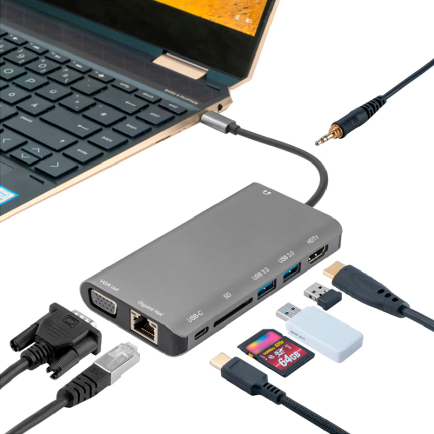 Docking USB-C 8 en 1 SD/4K/JACK/USB 3,0/ VGA/LAN